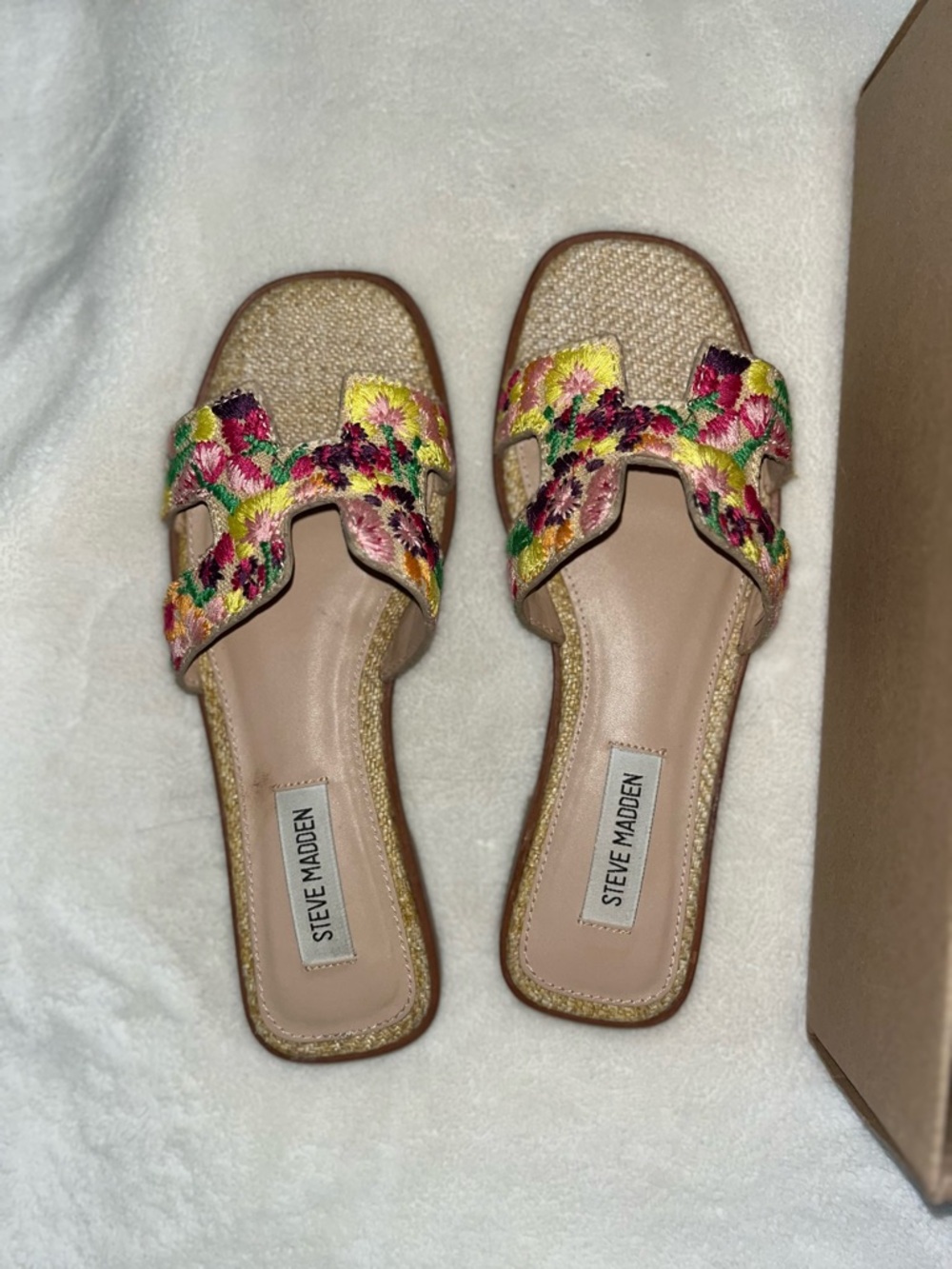 Steve Madden Floral Embroidered Slide Sandals - Tan with Pink, Yellow & Green